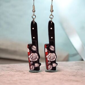 Edgy Black and Red Floral Knife Earrings #4